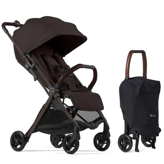 Dark brown ultra-compact stroller by Silver Cross with black frame, mesh storage, and folded view beside it