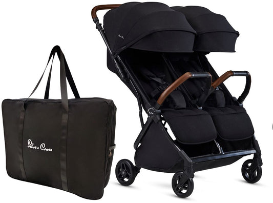 Silver Cross Jet Lightweight Double Stroller + Travel Bag Bundle - Black - SX2317-BKUC-SX5276-00