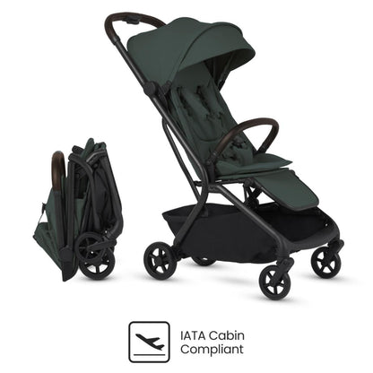 Dark green compact travel stroller by Silver Cross, shown unfolded and folded, with black frame, canopy, and wheels, IATA cabin compliant.