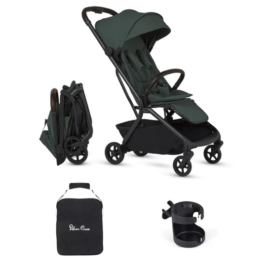 Silver Cross Nia Compact Travel Stroller + Cup Holder + Travel Bag Bundle - Conifer