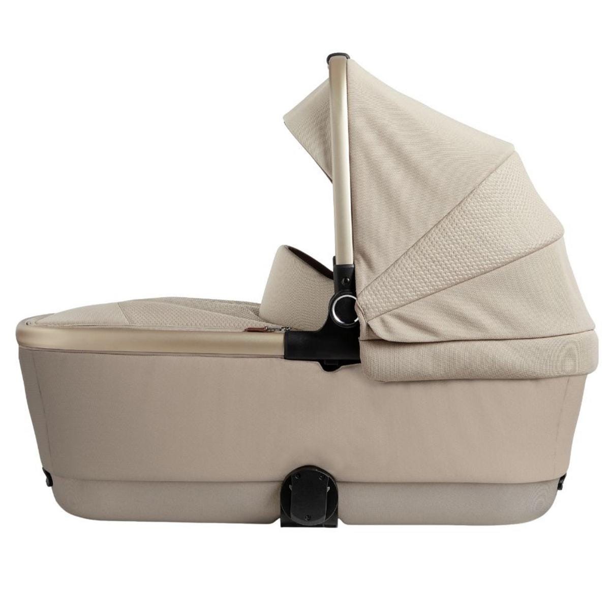Stone-colored folding bassinet by Silver Cross with textured fabric canopy and side view design