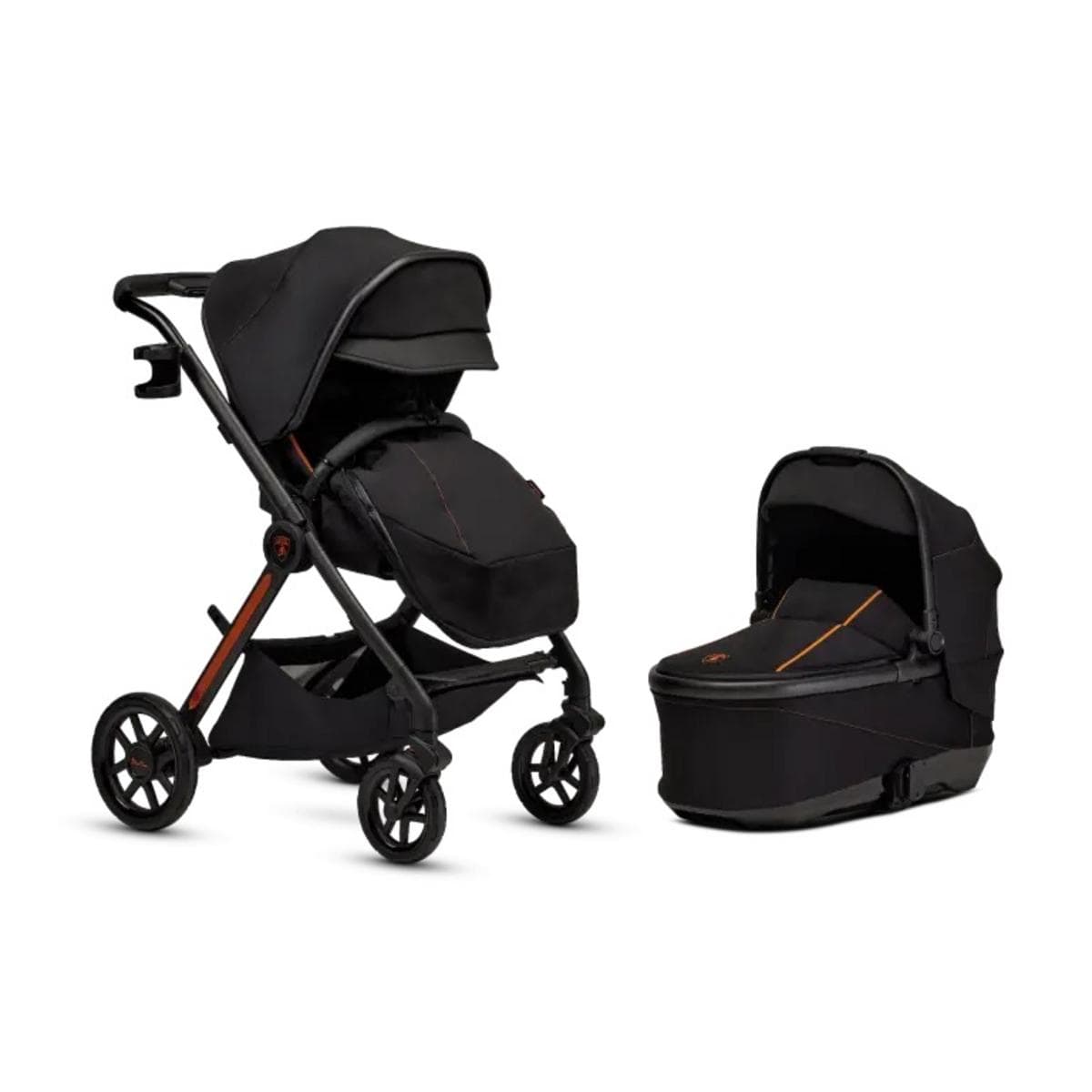 Silver Cross stroller and carrycot in black with orange accents