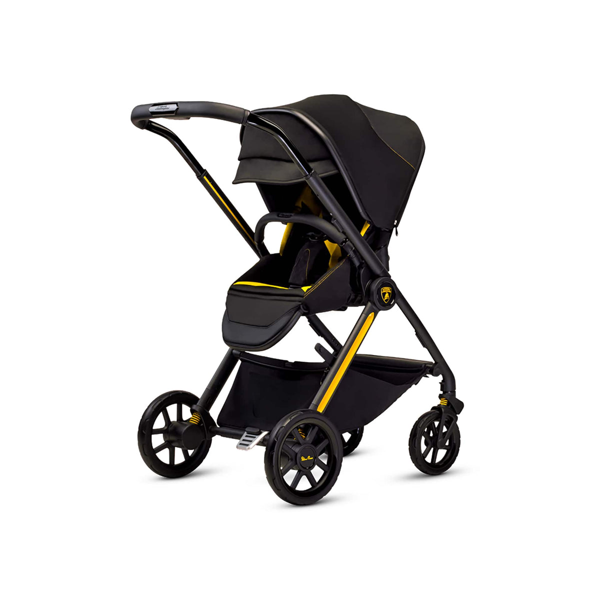 Silver Cross and Lamborghini collaboration stroller in black with yellow accents
