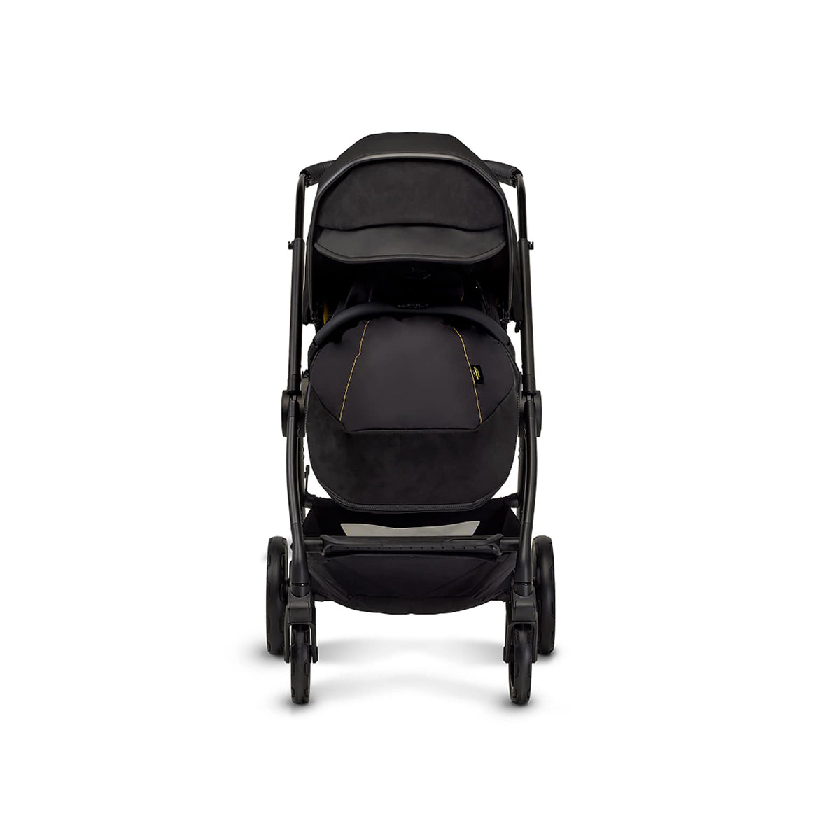 Silver Cross black stroller with canopy and seat unit viewed from the front