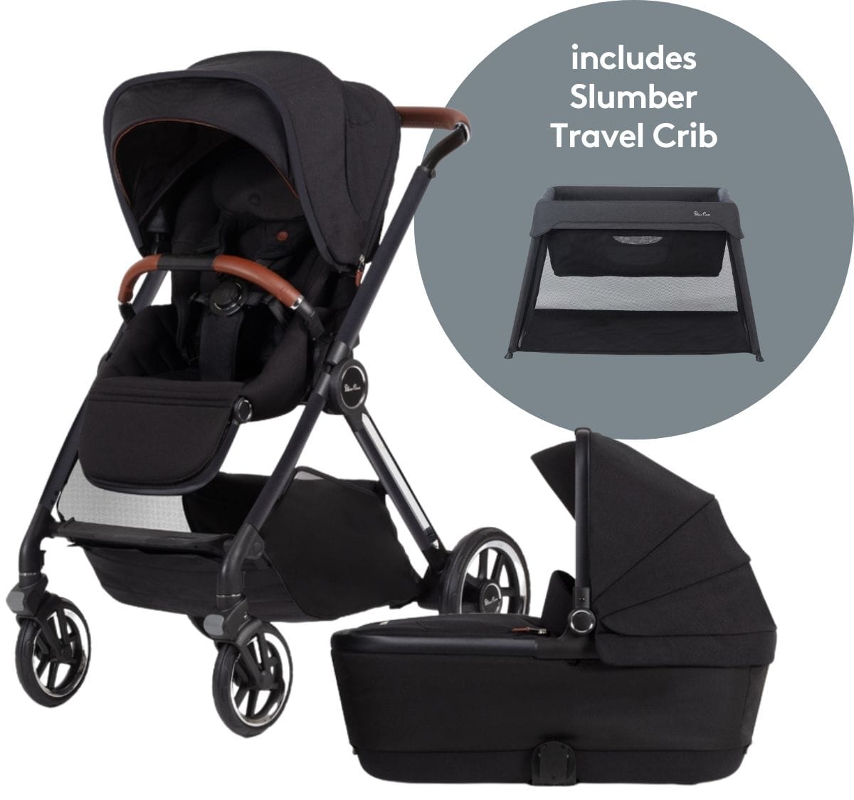 Silver Cross Reef Stroller + Bassinet + Slumber Travel Crib Bundle - Orbit / Carbon - SX2272-OBUS-SX2274-OBUS-SX8138-00US