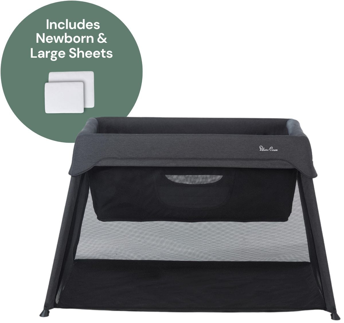 Silver Cross Slumber Sleep & Go Travel Crib + Newborn/Large Sheet Bundle - Carbon / White / White - SX8138-00US-SX1502-00-SX1501-00