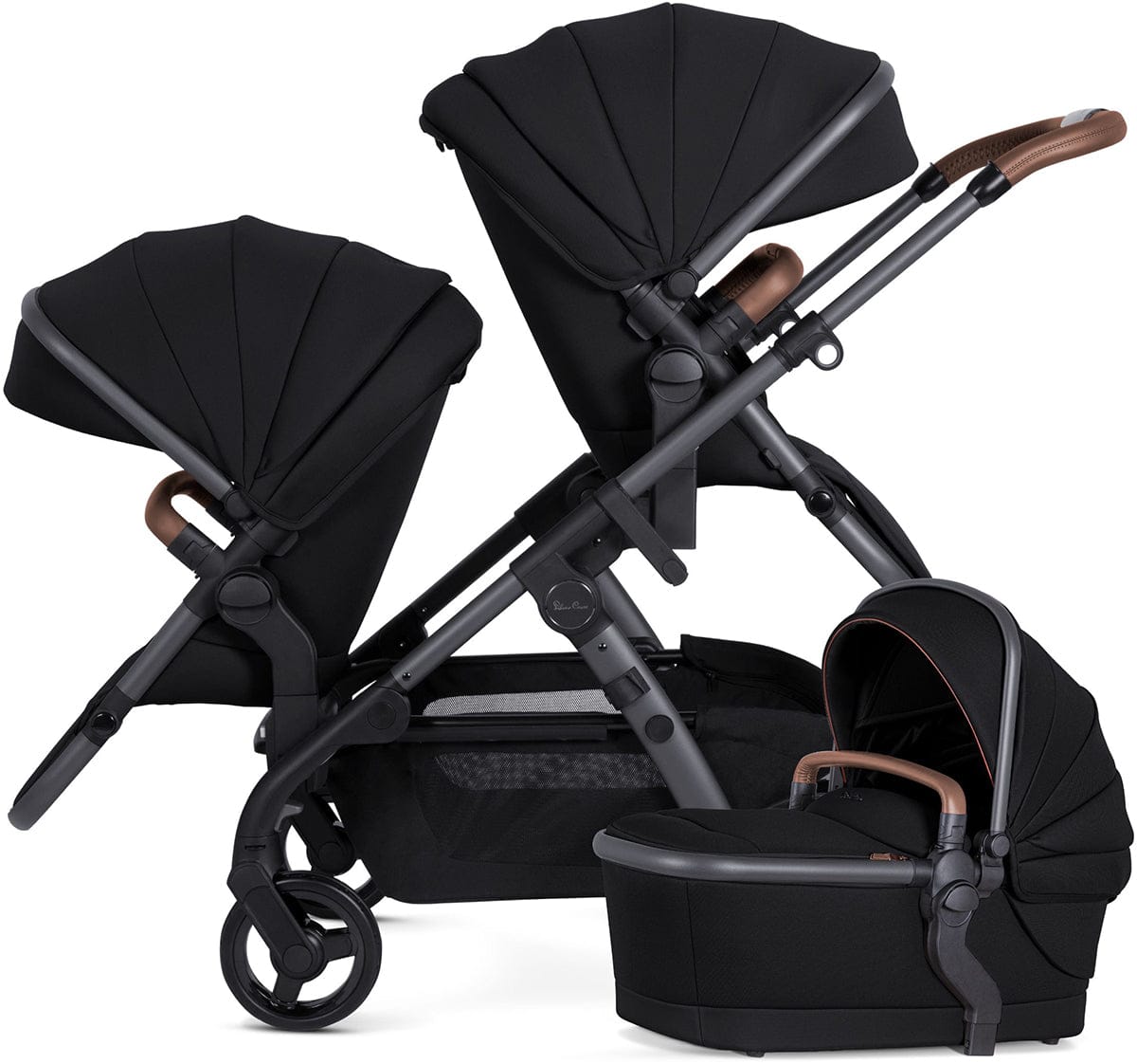 Black single-to-double stroller with matching carrycot and seat unit, by Silver Cross, featuring brown leatherette handles and mesh storage basket, shown in side view.