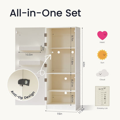 Tiny Land® Play Kitchen Accessories – Play Kitchen Fridge: Wooden Cabinet Refrigerator for Kids