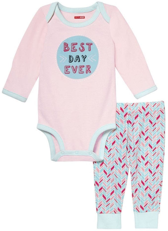 Skip Hop Long Sleeve Bodysuit & Pant Set, Best Day Ever - Pink Feather (6 Months) - 279505-6M