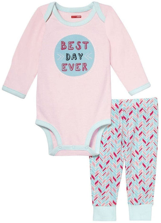 Skip Hop Long Sleeve Bodysuit & Pant Set, Best Day Ever - Pink Feather (Newborn) - 279505-NB