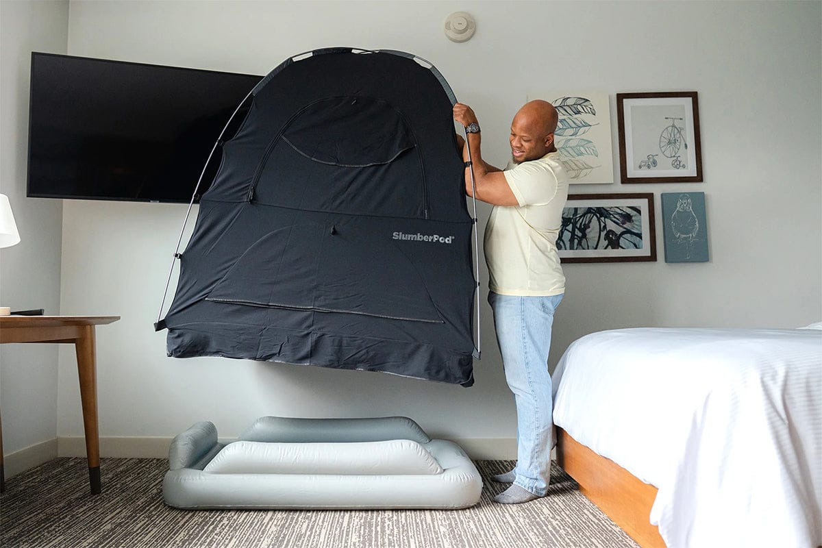 SlumberPod Privacy Canopy with Fan + SlumberTot Inflatable Toddler Bed Bundle - Black / Gray - SLU-BLA-GRA-C-ST-GRA-TEA