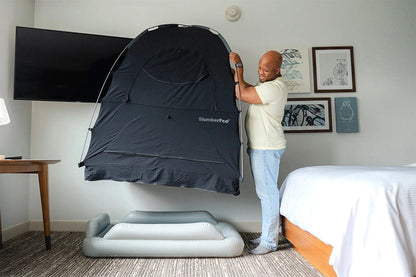 SlumberPod Privacy Canopy with Fan + SlumberTot Inflatable Toddler Bed Bundle - Black / Gray - SLU-BLA-GRA-C-ST-GRA-TEA