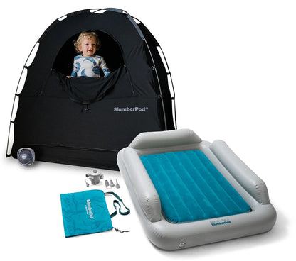 SlumberPod Privacy Canopy with Fan + SlumberTot Inflatable Toddler Bed Bundle - Black / Gray - SLU-BLA-GRA-C-ST-GRA-TEA