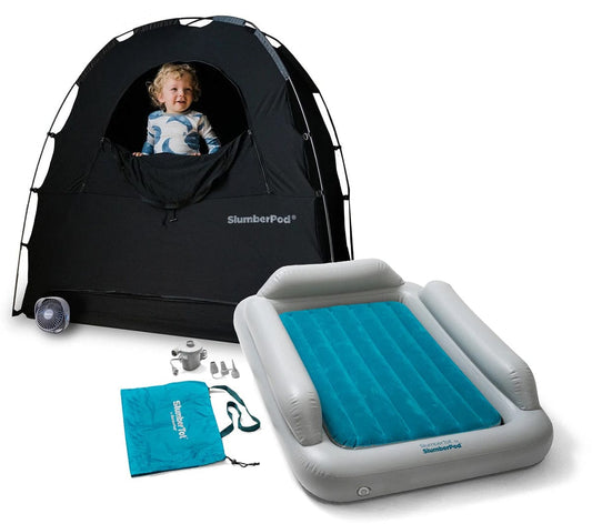 SlumberPod Privacy Canopy with Fan + SlumberTot Inflatable Toddler Bed Bundle - Black / Gray - SLU-BLA-GRA-C-ST-GRA-TEA