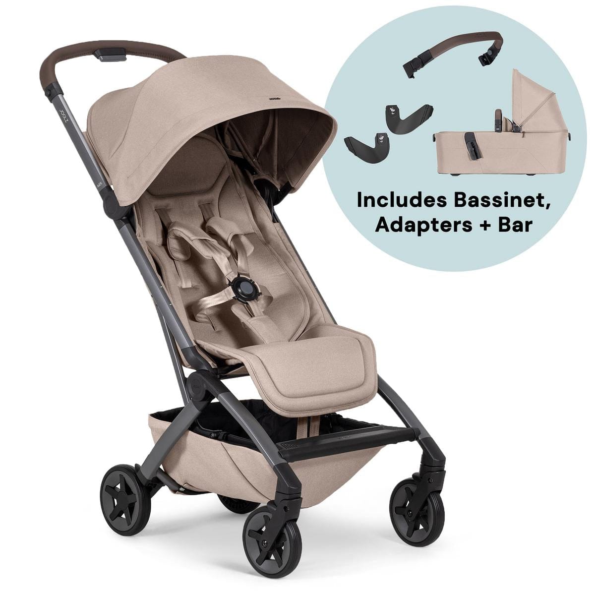 Joolz Aer2 Lightweight Compact Stroller Newborn Bundle - Sandy Taupe / Mid Brown Carbon - NB-440203-440253