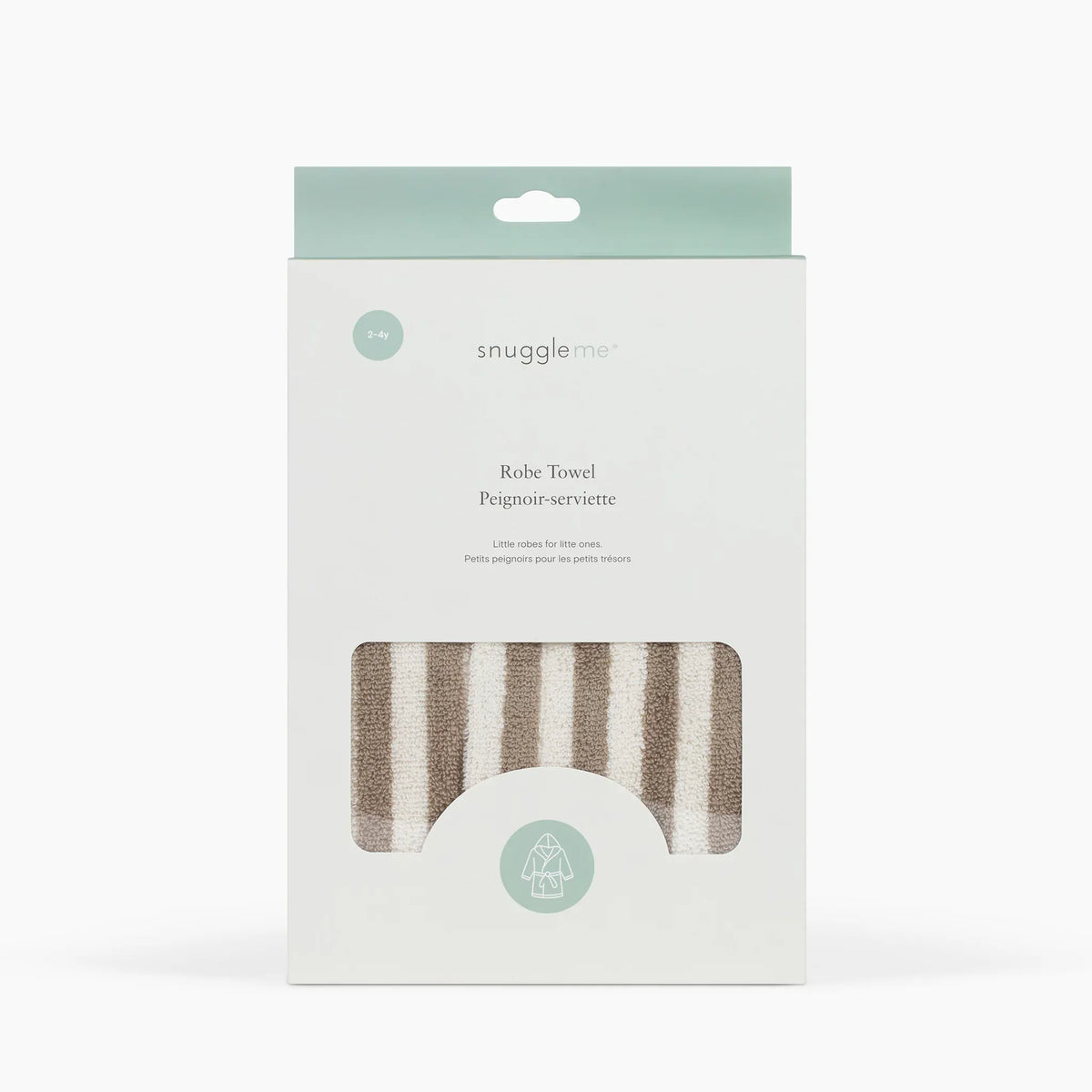 Snuggle Me robe towel in striped beige and white fabric inside retail packaging