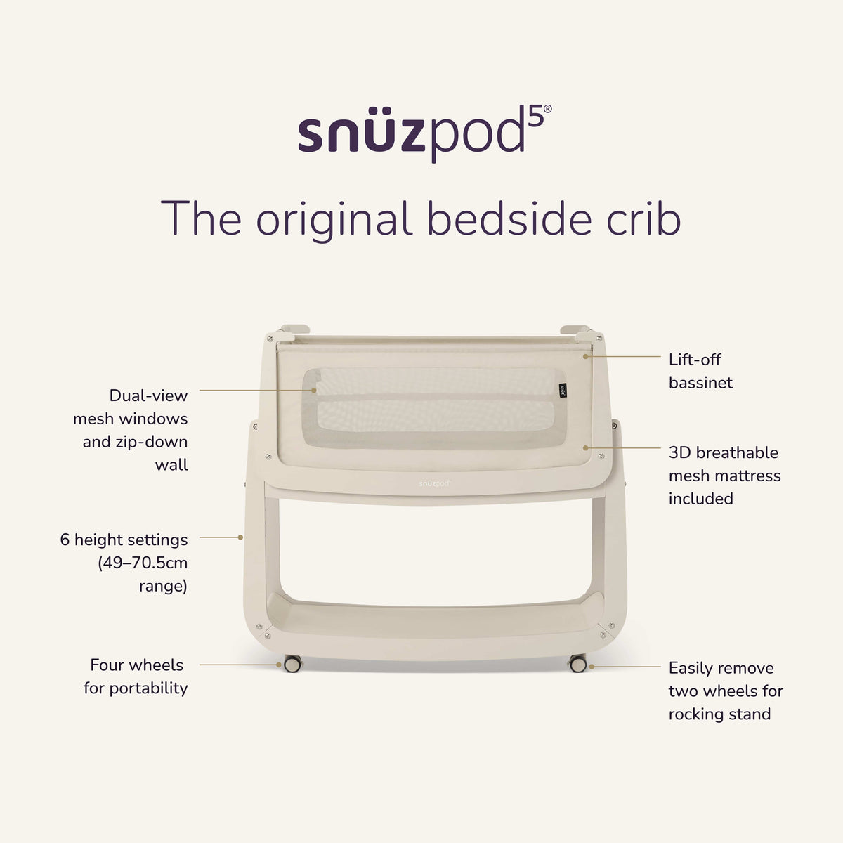 Snuz SnuzPod 5 Bedside Bassinet Essentials Bundle ( Sheets / Mattress Protector / Mattress) - Cashmere