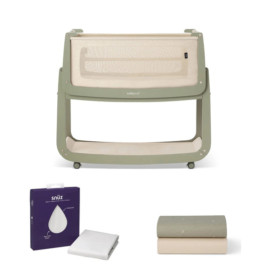 SnuzPod bedside crib with mattress protector and two folded cotton sheets