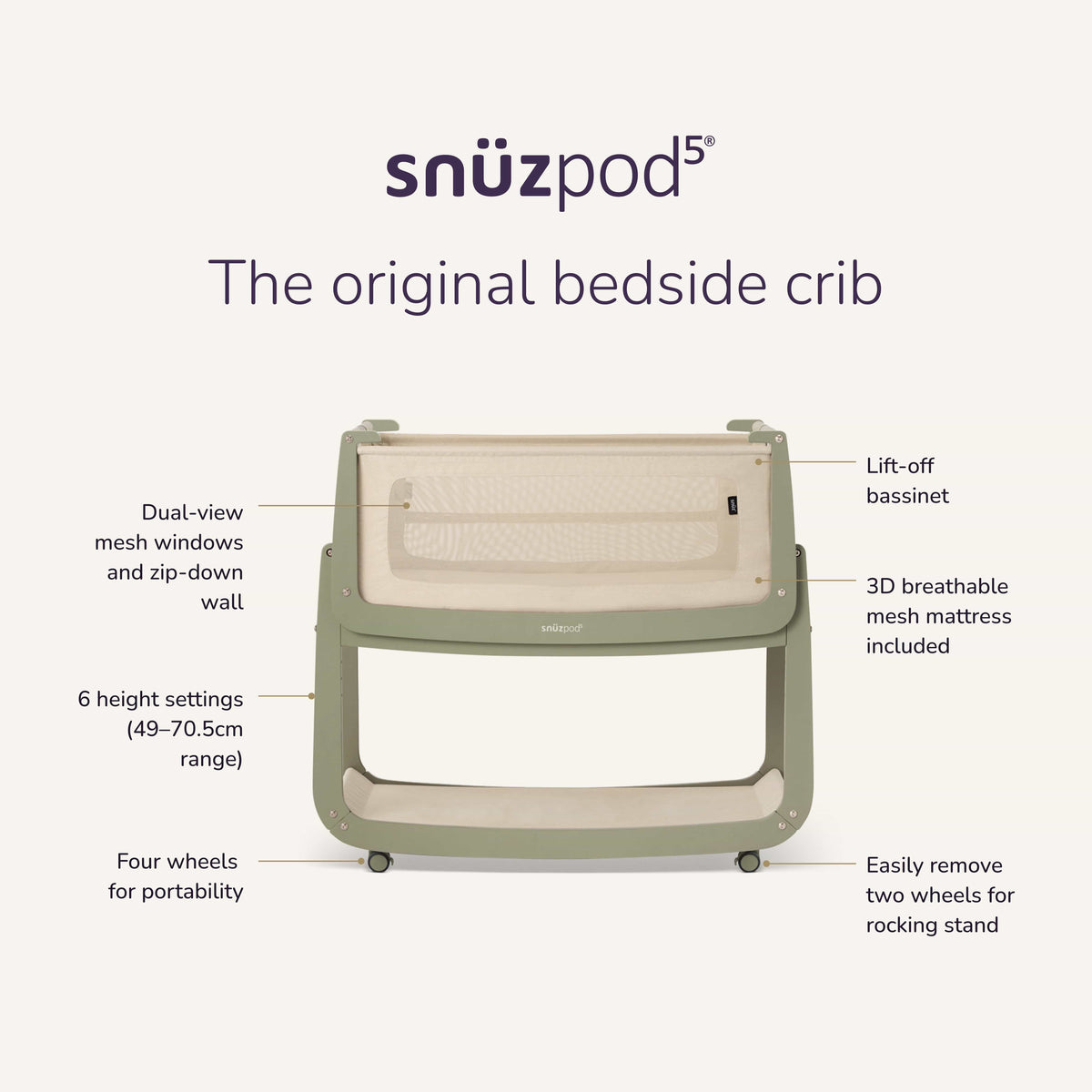 Snuz SnuzPod 5 Bedside Bassinet Essentials Bundle ( Sheets / Mattress Protector / Mattress) - Sage