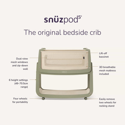 Snuz SnuzPod 5 Bedside Bassinet Essentials Bundle ( Sheets / Mattress Protector / Mattress) - Sage