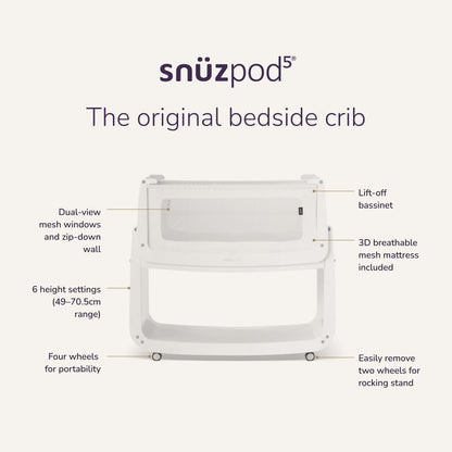 Snuz SnuzPod 5 Bedside Bassinet Essentials Bundle ( Sheets / Mattress Protector / Mattress) - White