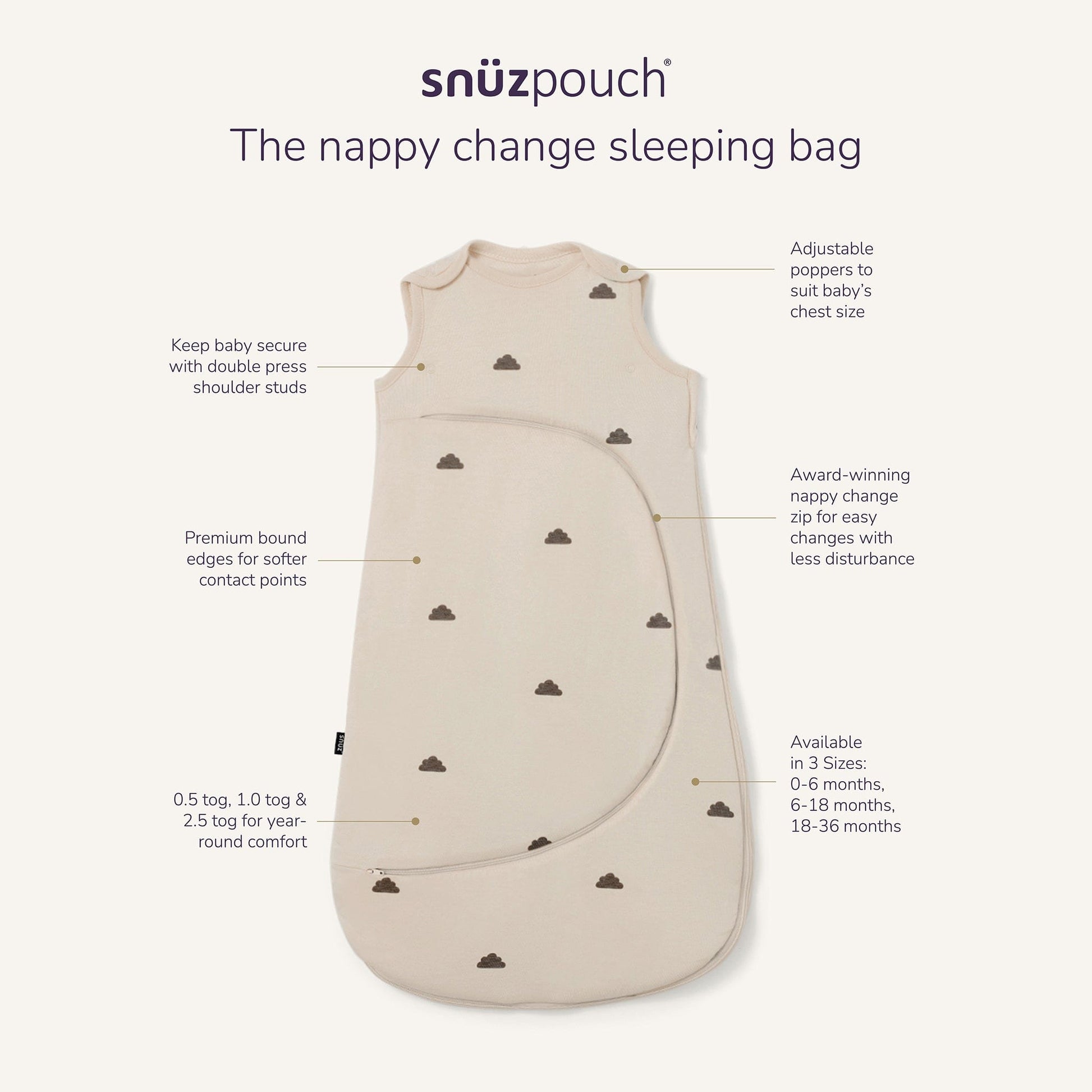 Snuz SnuzPouch Sleeping Bag, 1.0 TOG - Sand/Cloud (18-36 months) - USSW008FA