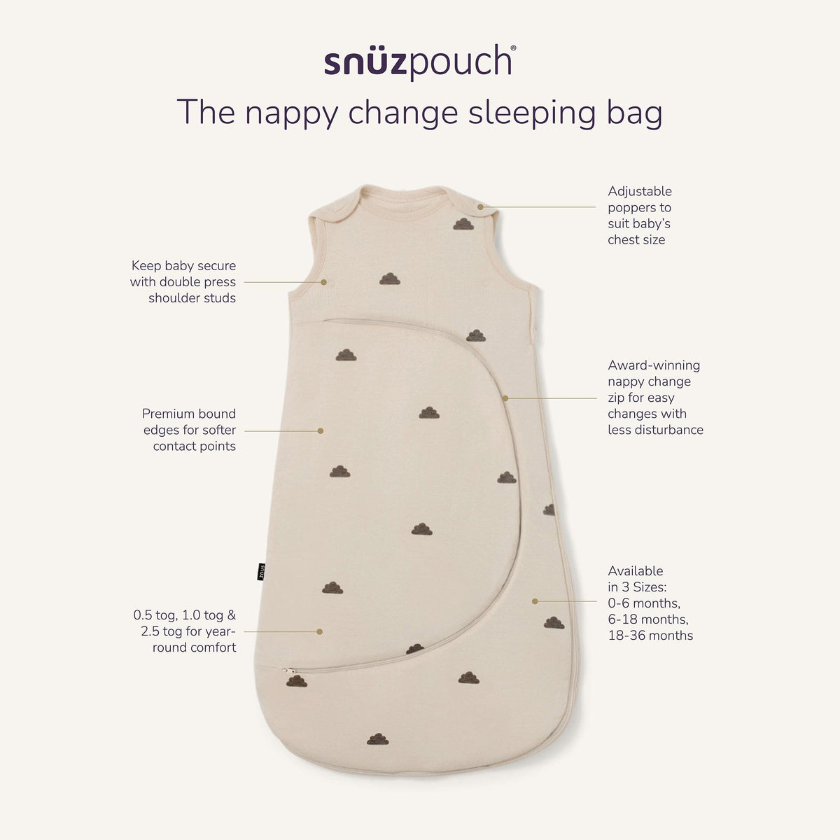 Snuz SnuzPouch Sleeping Bag, 2.5 TOG - Cashmere/Cross (0-6 months) - USSW008BE