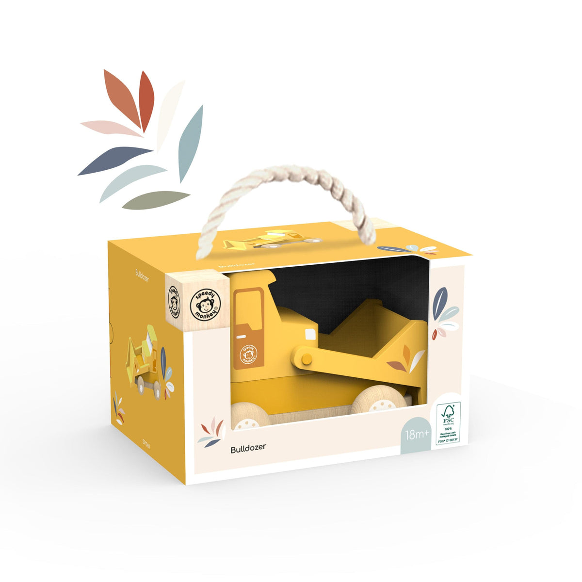 Speedy Monkey wooden bulldozer toy in yellow packaging with rope handle