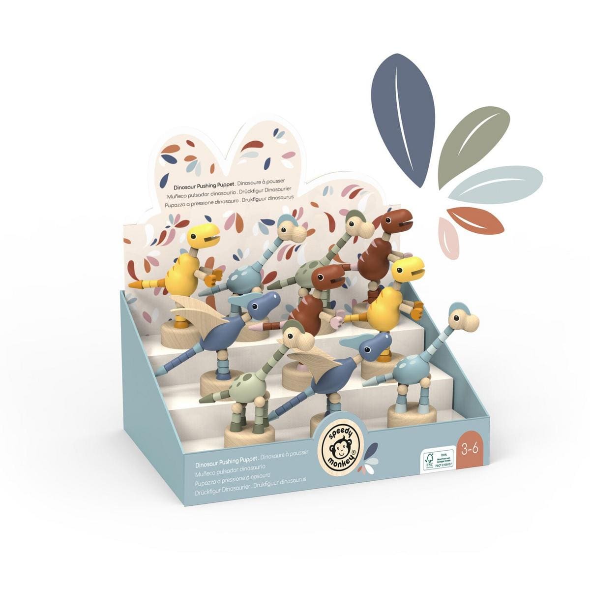Speedy Monkey wooden dinosaur pushing puppets in a retail display box
