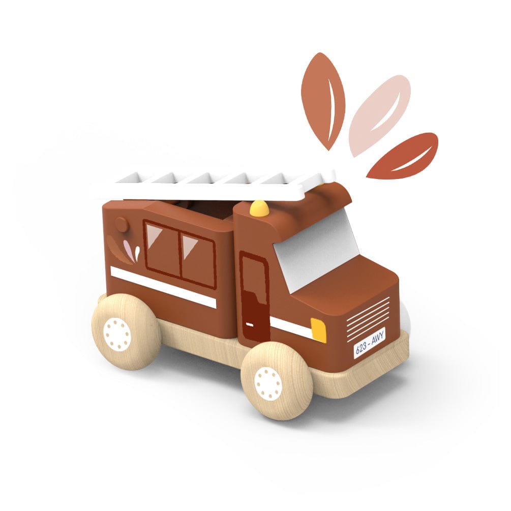 Speedy Monkey brown wooden toy fire truck with white ladder