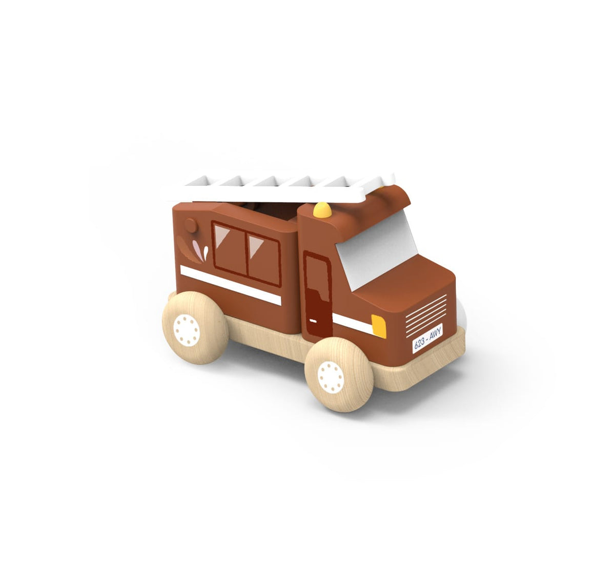 Speedy Monkey wooden toy fire engine with white ladder and natural wood wheels