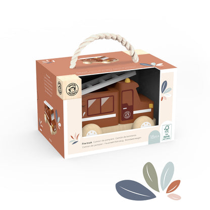 Speedy Monkey wooden fire truck toy in retail packaging