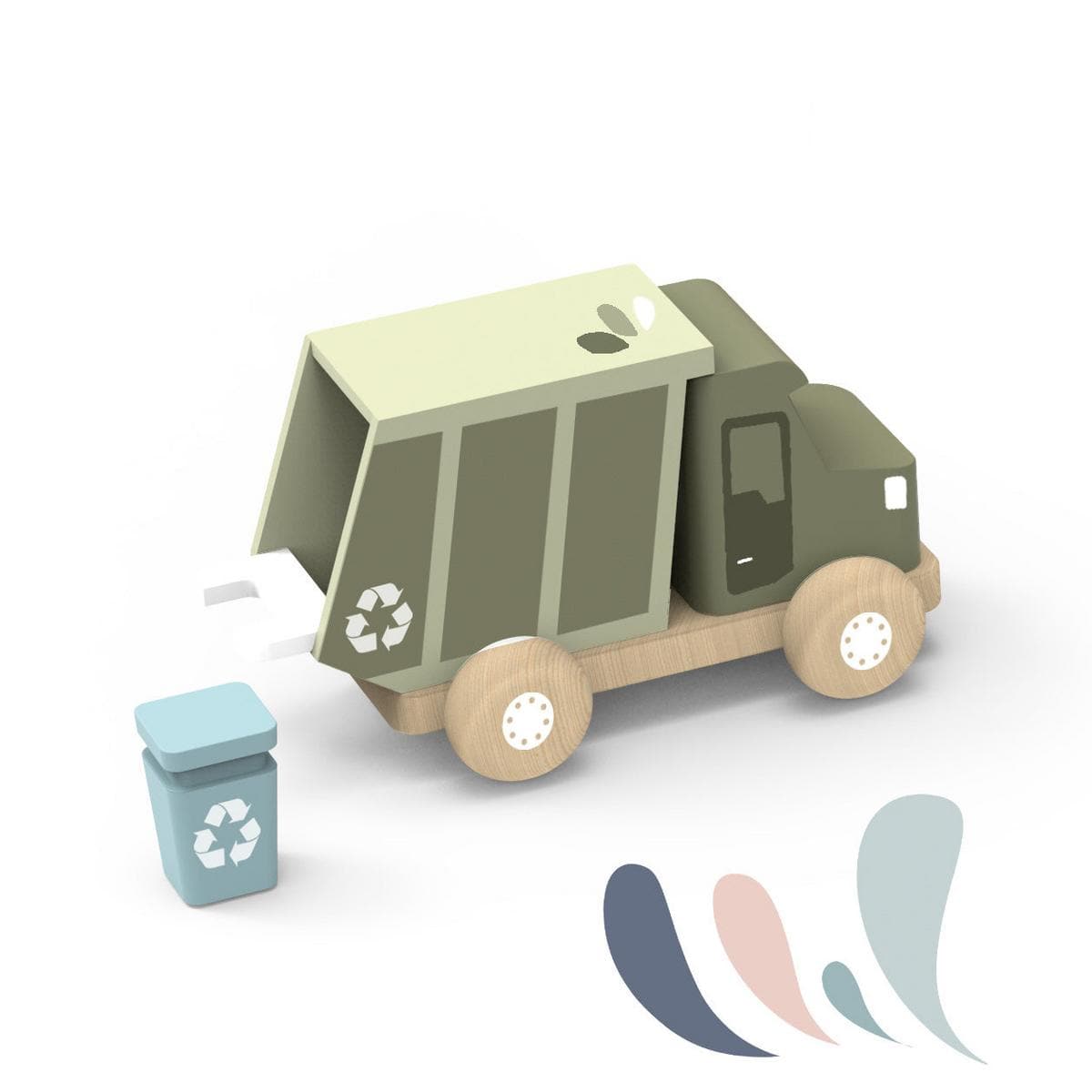 Speedy Monkey wooden toy recycling truck with a small blue bin