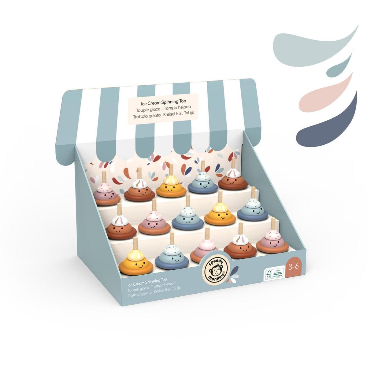 Speedy Monkey ice cream spinning top display box with assorted wooden toy tops