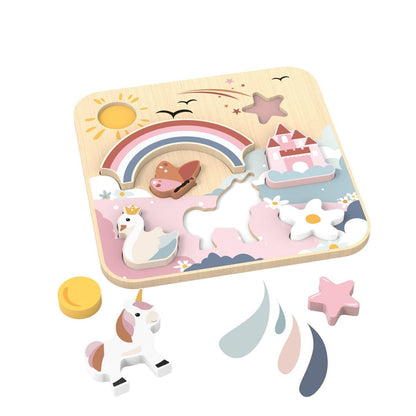 Speedy Monkey wooden unicorn themed puzzle board with shaped pieces