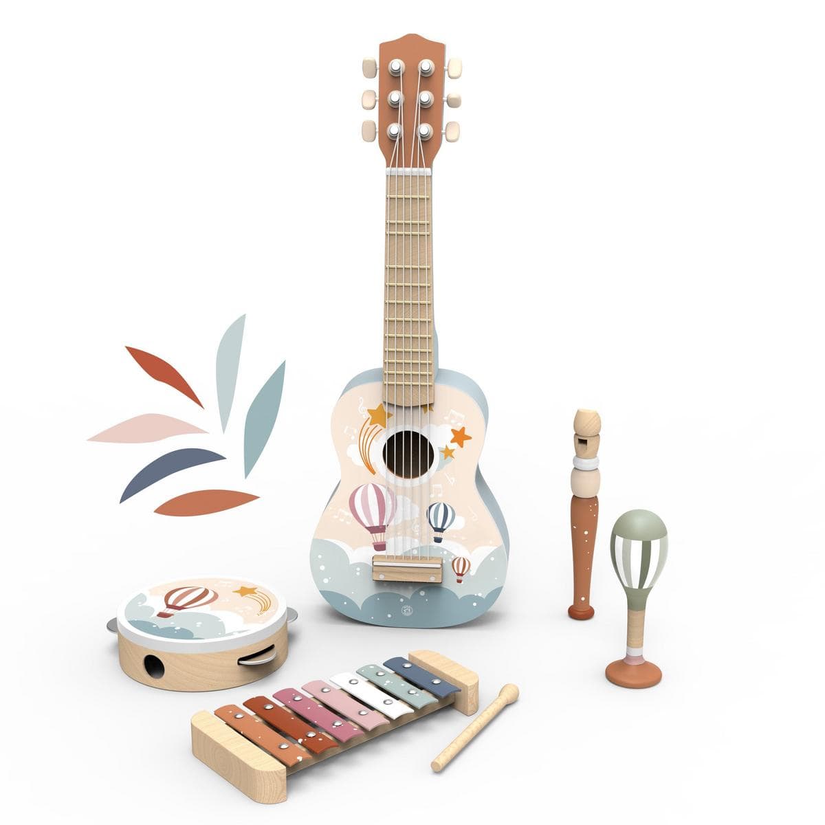Speedy Monkey wooden musical instrument set including guitar tambourine xylophone flute and maraca