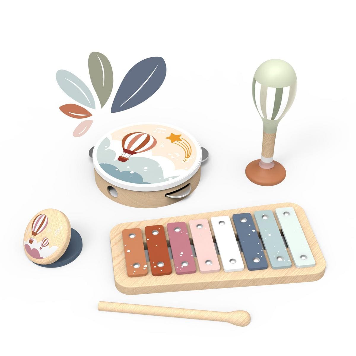 Speedy Monkey wooden musical instrument set including a xylophone, tambourine, maraca, and castanet