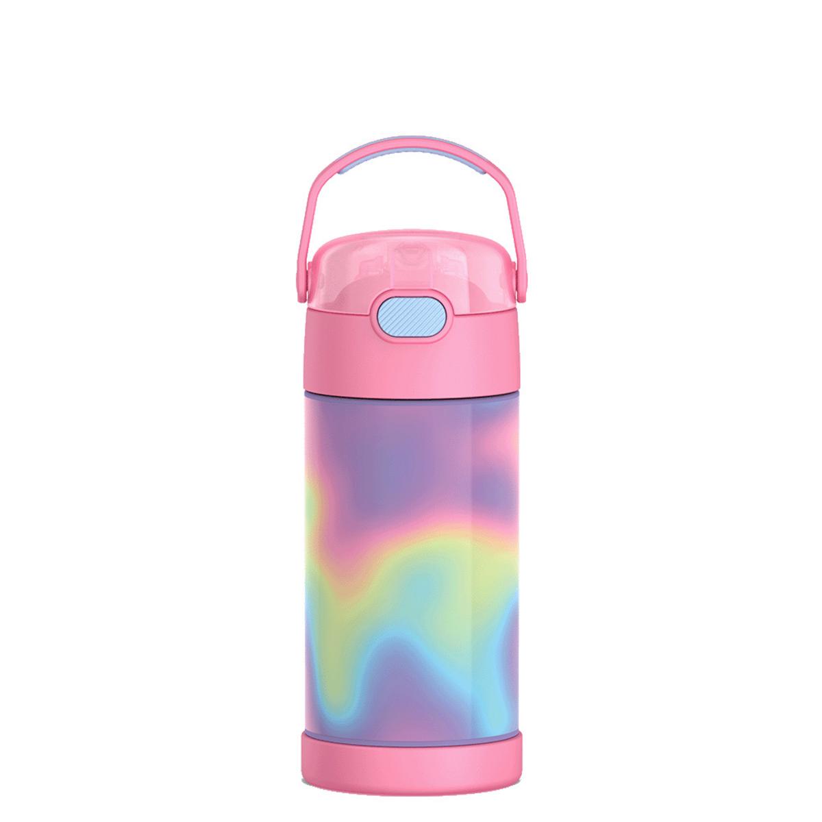 Thermos pink water bottle with a rainbow tie dye pattern and a carry handle