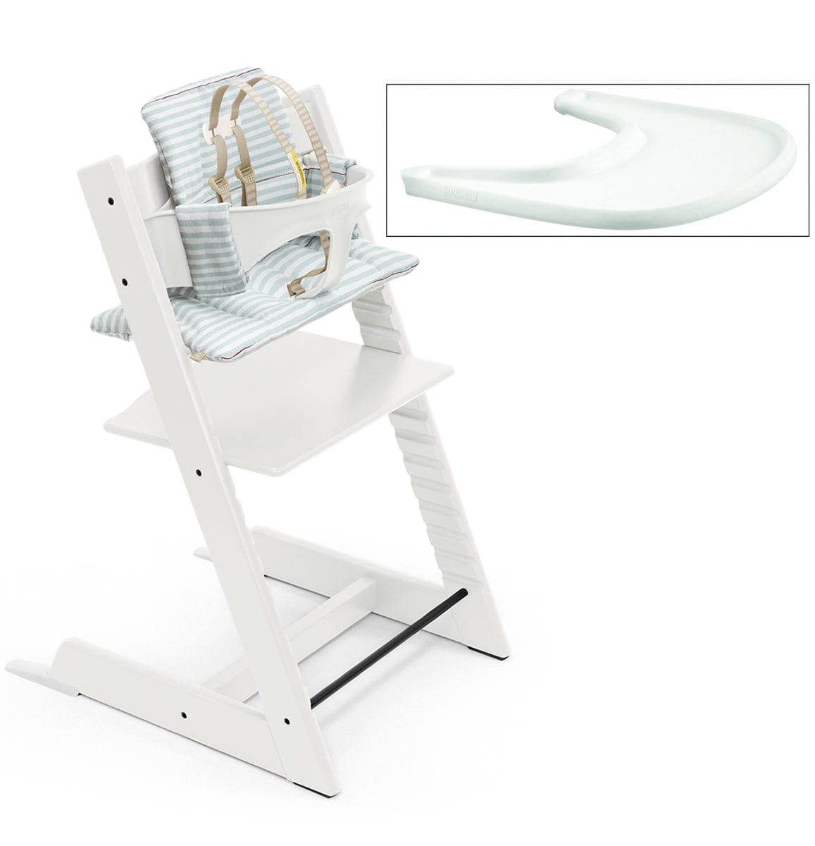 Tripp Trapp High Chair and Cushion with Stokke Tray -- White/Aqua Stripes