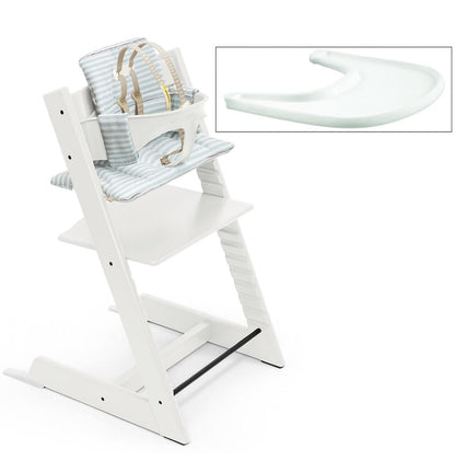 Tripp Trapp High Chair and Cushion with Stokke Tray -- White/Aqua Stripes