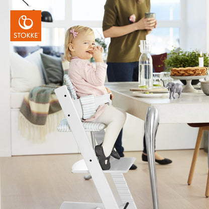 Tripp Trapp High Chair and Cushion with Stokke Tray -- White/Aqua Stripes