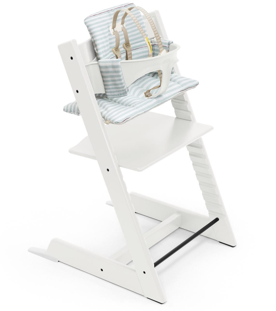 Tripp Trapp High Chair and Cushion with Stokke Tray -- White/Aqua Stripes