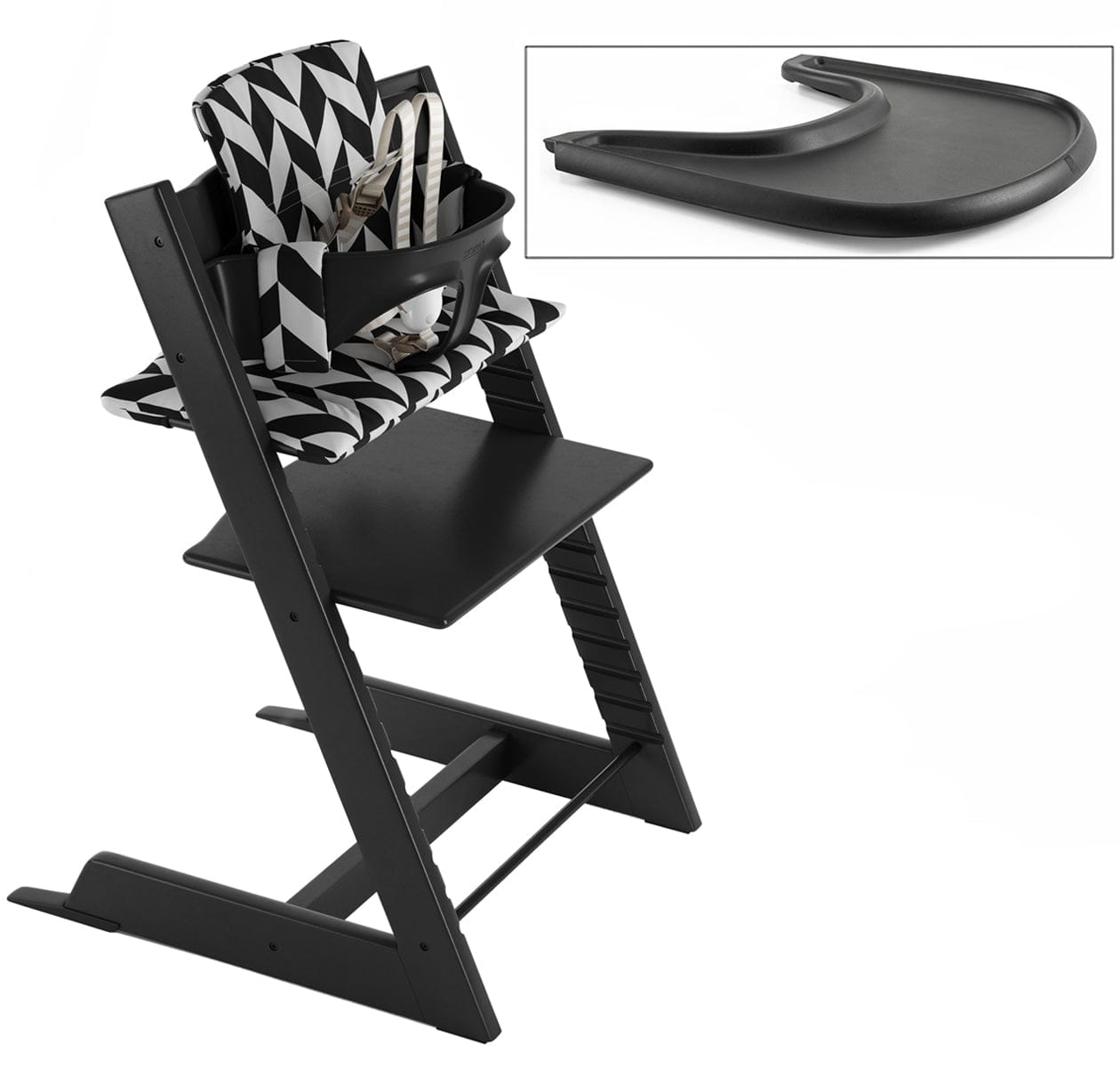 Tripp Trapp High Chair and Cushion with Stokke Tray -- Black/Black Chevron
