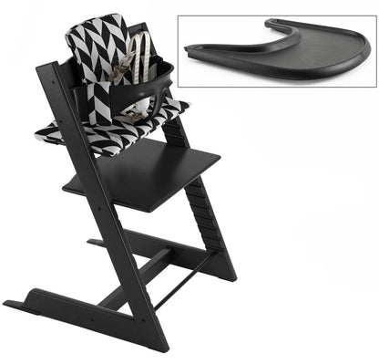 Tripp Trapp High Chair and Cushion with Stokke Tray -- Black/Black Chevron