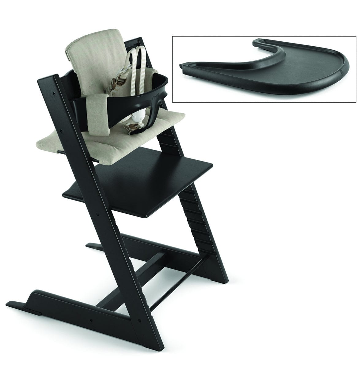 Tripp Trapp High Chair and Cushion with Stokke Tray -- Black/Timeless Grey