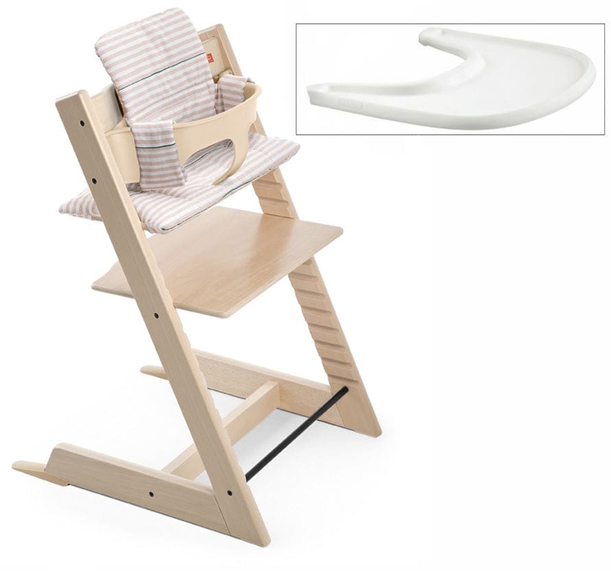 Tripp Trapp High Chair and Cushion with Stokke Tray -- Natural/Pink Stripe
