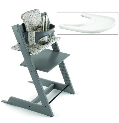 Tripp Trapp High Chair and Cushion with Stokke Tray -- Storm Grey/Garden Bunny