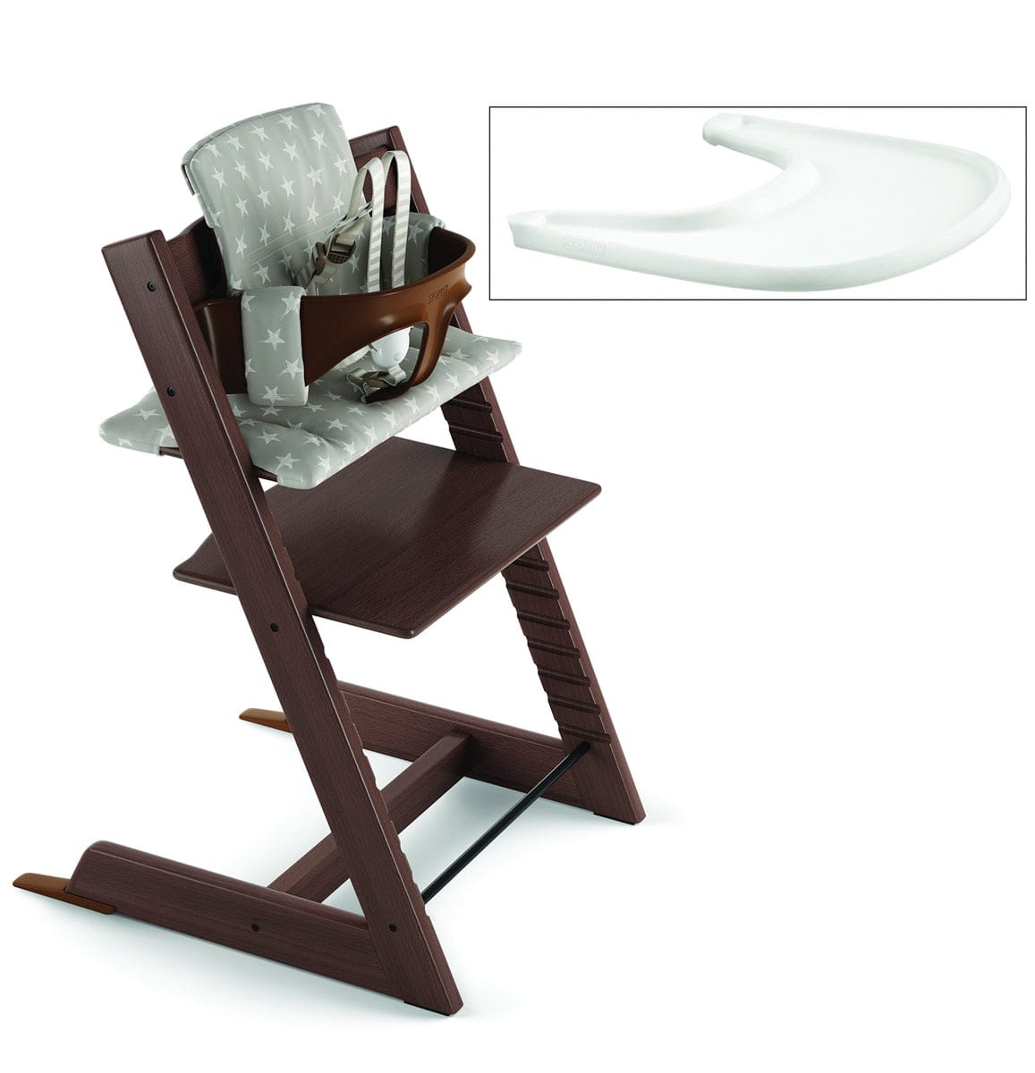 Tripp Trapp High Chair and Cushion with Stokke Tray -- Walnut/Grey Star