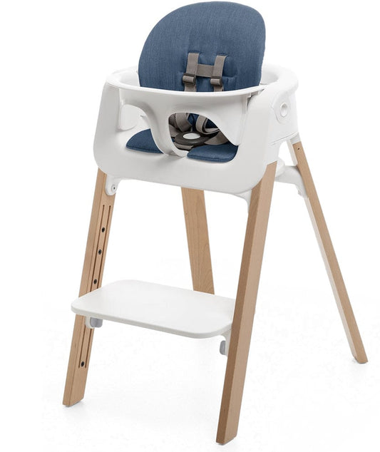 Stokke Steps Chair + Cushion (No Tray) - White/Natural/Blue - STHCCSHNOTRY-WHTNTRLBLUE