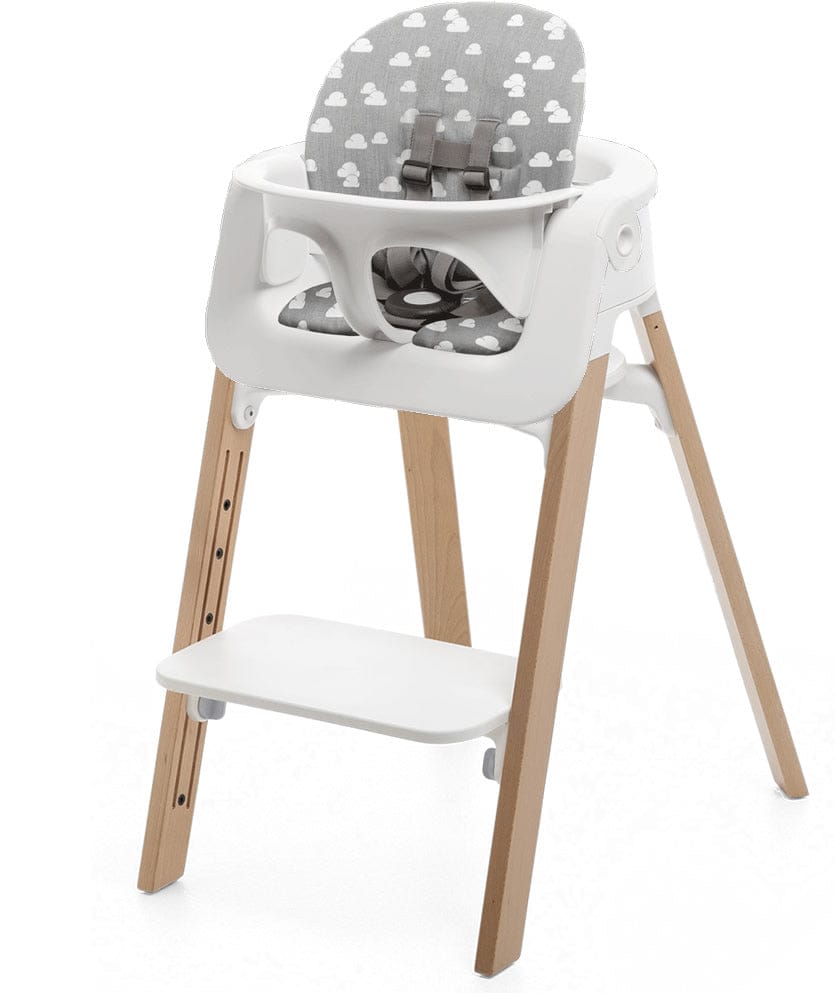 Stokke Steps Chair + Cushion (No Tray) - White/Natural/Grey Clouds - STHCCSHNOTRY-WHTNTRLGRYCLDS
